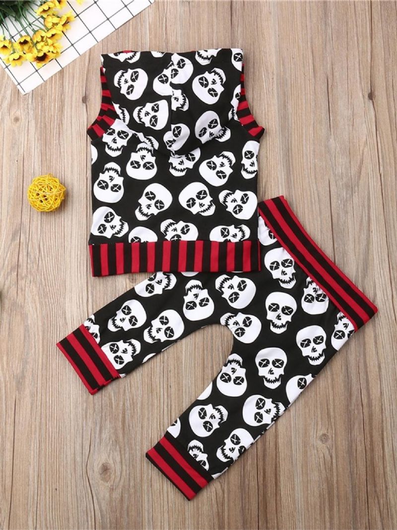 Bebis Pojkar Halloween Skull Tryckt Hooded Ärmlös Top & Printed Byx Set