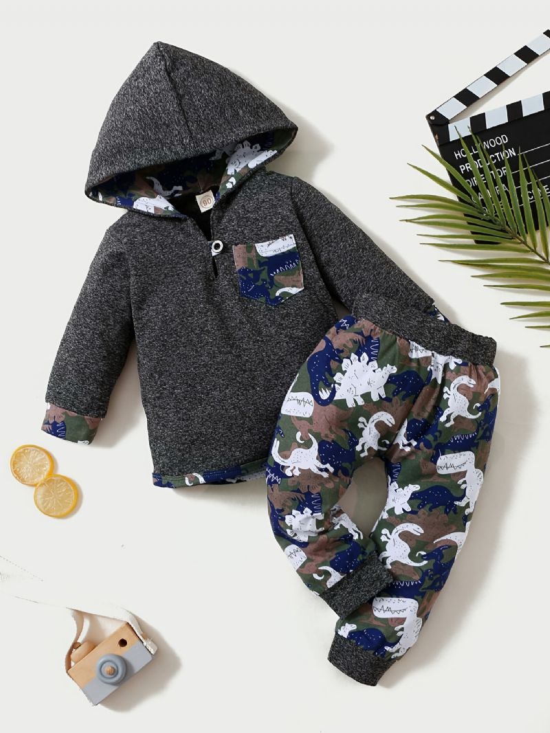 Bebis Pojkar Hoodie + Matchande Byxor Set Med Dinosaur Mönster För Vinter Kläder Outfit