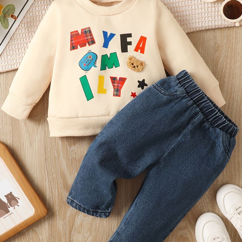 Bebis Pojkar Pullover Bear Bokstavstryck Långärmad Rundhals Sweatshirt & Jeans Set Barnkläder