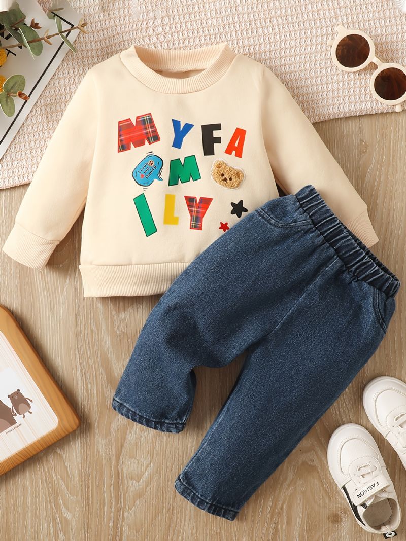 Bebis Pojkar Pullover Bear Bokstavstryck Långärmad Rundhals Sweatshirt & Jeans Set Barnkläder