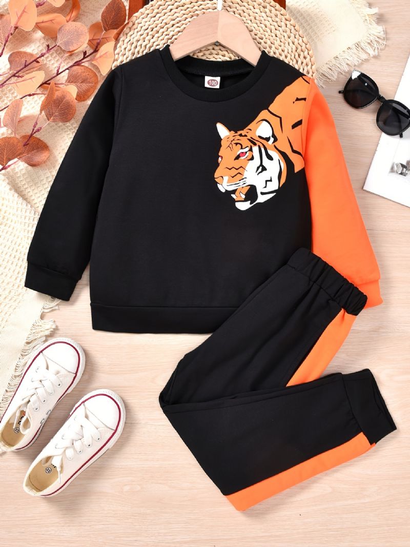 Bebis Pojkar Pullover Tiger Print Crew Neck Långärmad Sweatshirt & Color Block Byxa Set Barnkläder