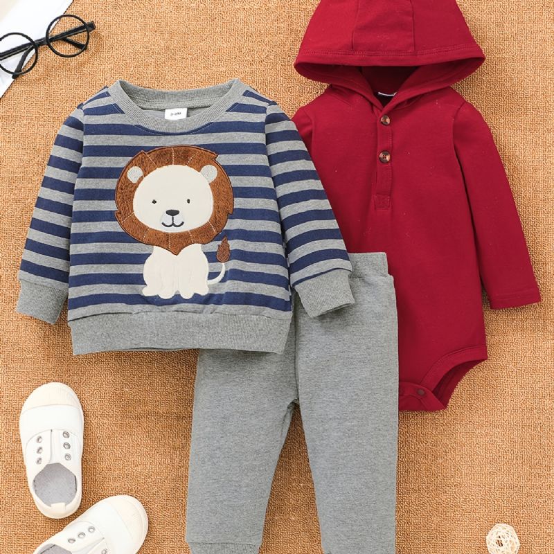 Bebis Pojkar Röd Body & Byxor & Randig Lion Print Sweatshirt Set För Höst Och Vinter Ny Jul