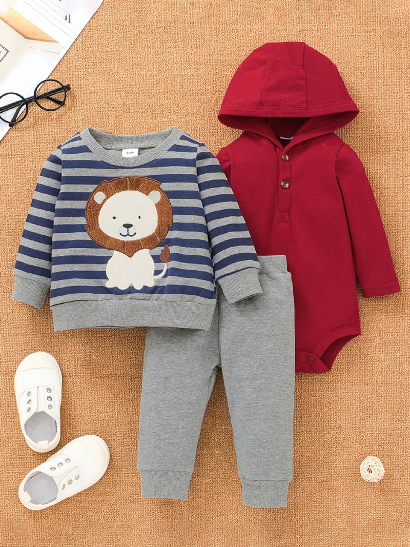 Bebis Pojkar Röd Body & Byxor & Randig Lion Print Sweatshirt Set För Höst Och Vinter Ny Jul