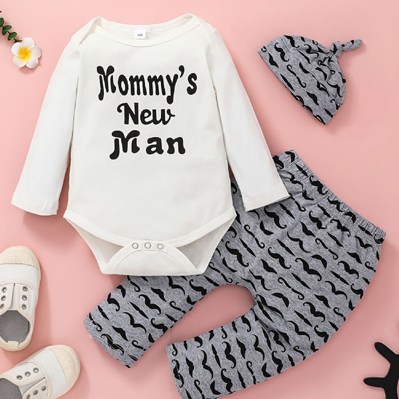 Bebis Pojkar Romper Set Med Mammas New Man Print Söt Casual Crew Neck Långärmad & Byxor & Hatt För Vinter