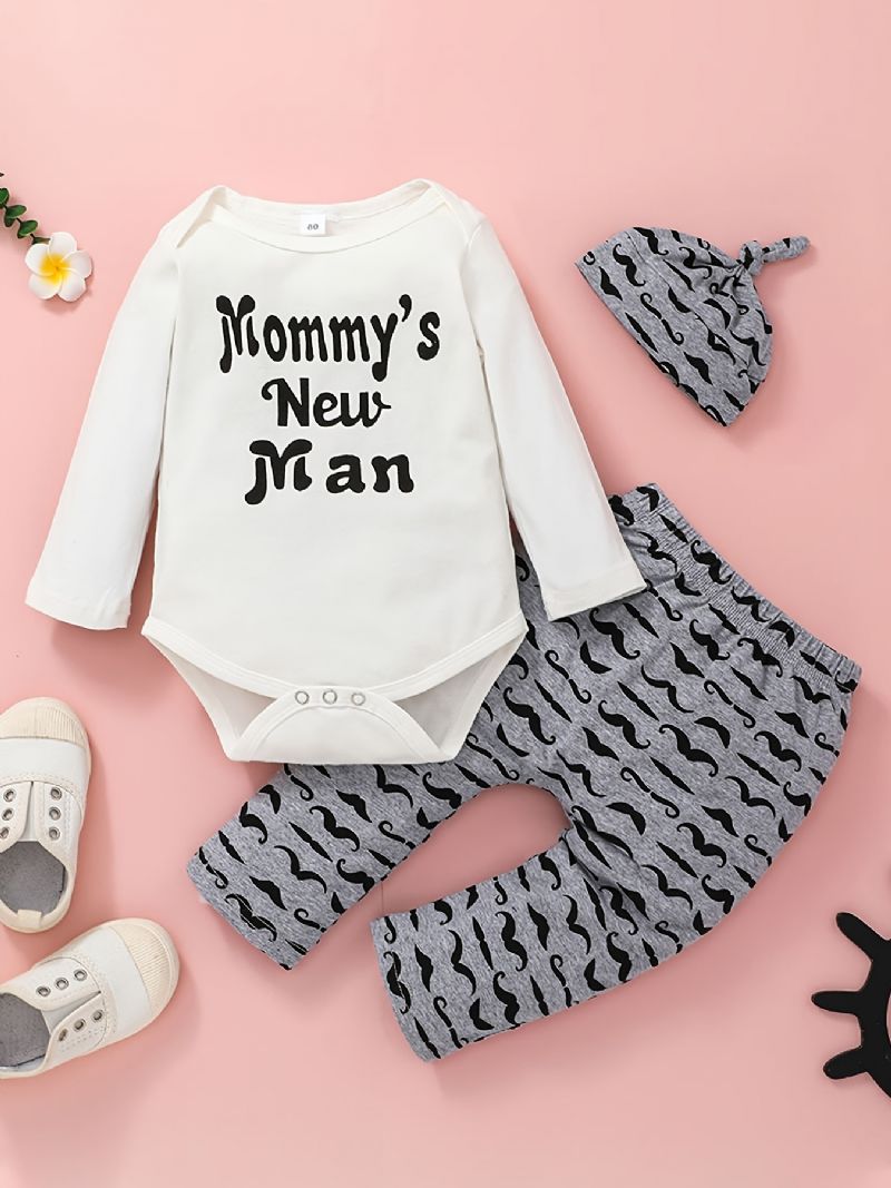 Bebis Pojkar Romper Set Med Mammas New Man Print Söt Casual Crew Neck Långärmad & Byxor & Hatt För Vinter