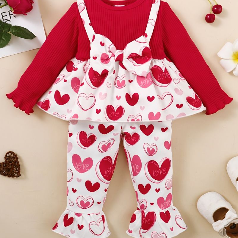 Bebis Småbarn Flickor Bowknot Långärmad Topp + Matchande Utsvängda Byxor Med Blommönster Set Barn Outfit För Jul