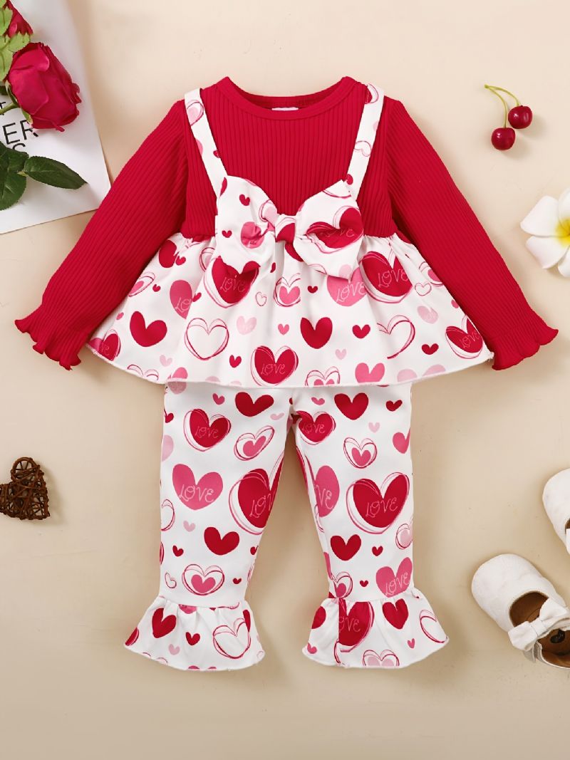 Bebis Småbarn Flickor Bowknot Långärmad Topp + Matchande Utsvängda Byxor Med Blommönster Set Barn Outfit För Jul