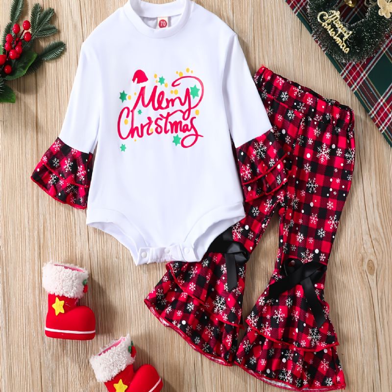 Christmas Set Barn Rompers Crew Neck Pläd Långärmad Flare Leg Pants Set