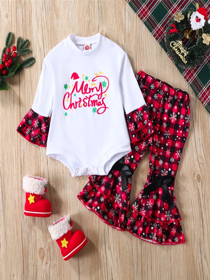 Christmas Set Barn Rompers Crew Neck Pläd Långärmad Flare Leg Pants Set