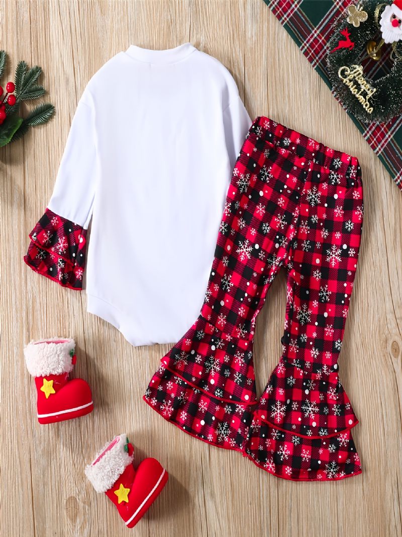 Christmas Set Barn Rompers Crew Neck Pläd Långärmad Flare Leg Pants Set