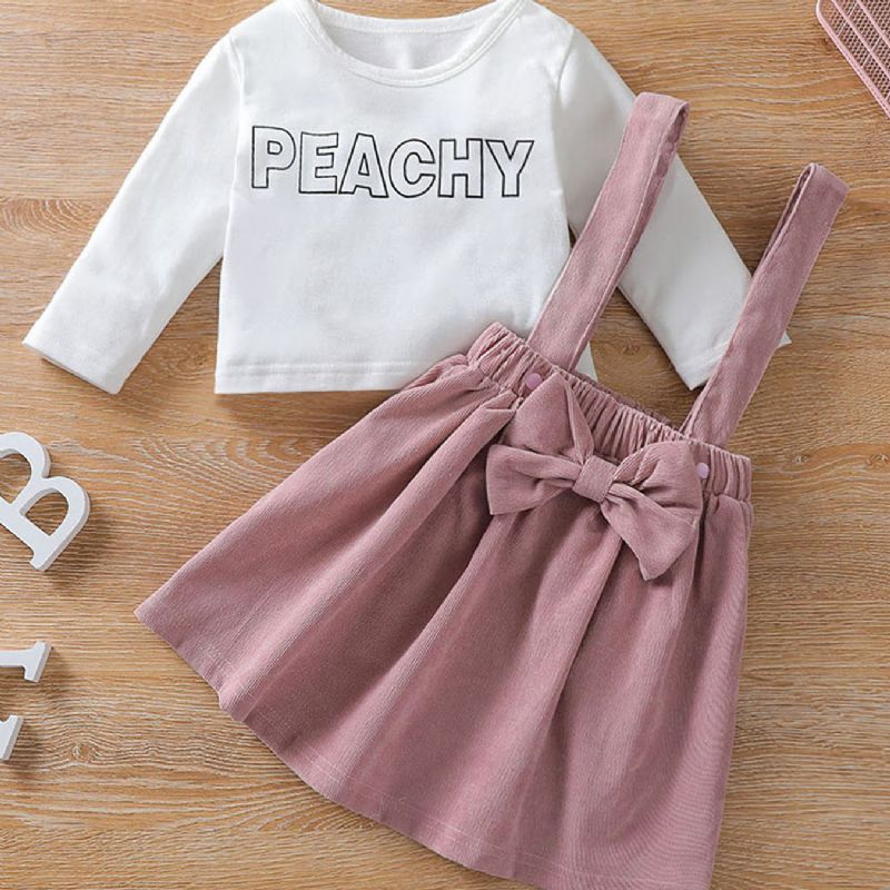 Flickans Söta Bokstav Peachy Tryckt Bow Strap Dress Set