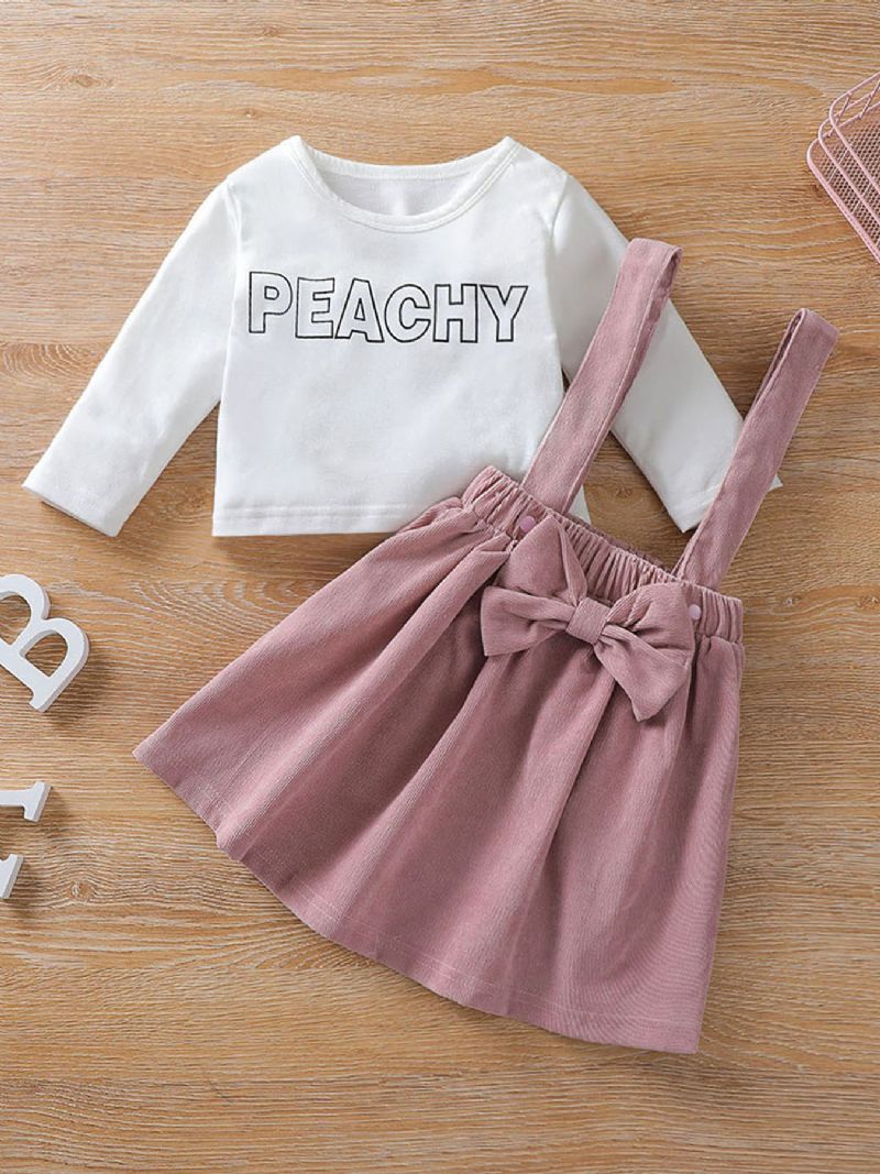 Flickans Söta Bokstav Peachy Tryckt Bow Strap Dress Set