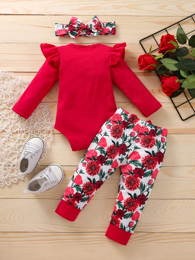 Flickor Alfabetet Blommigt Tryck Onesie Byxor Set