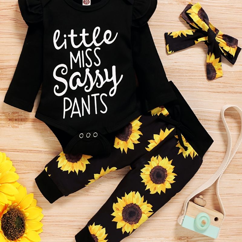 Flickor Alfabetstryck Enfärgad Långärmad Romper Body + Sunflower Print Byxset Barnkläder