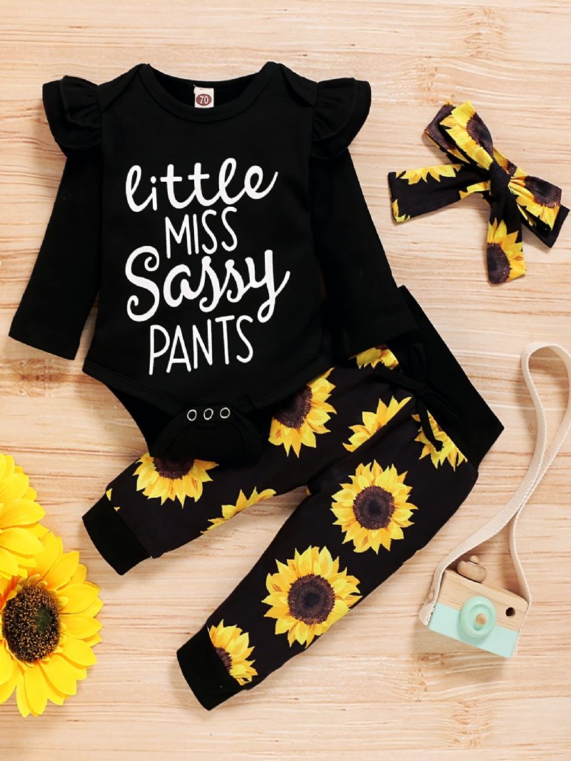 Flickor Alfabetstryck Enfärgad Långärmad Romper Body + Sunflower Print Byxset Barnkläder