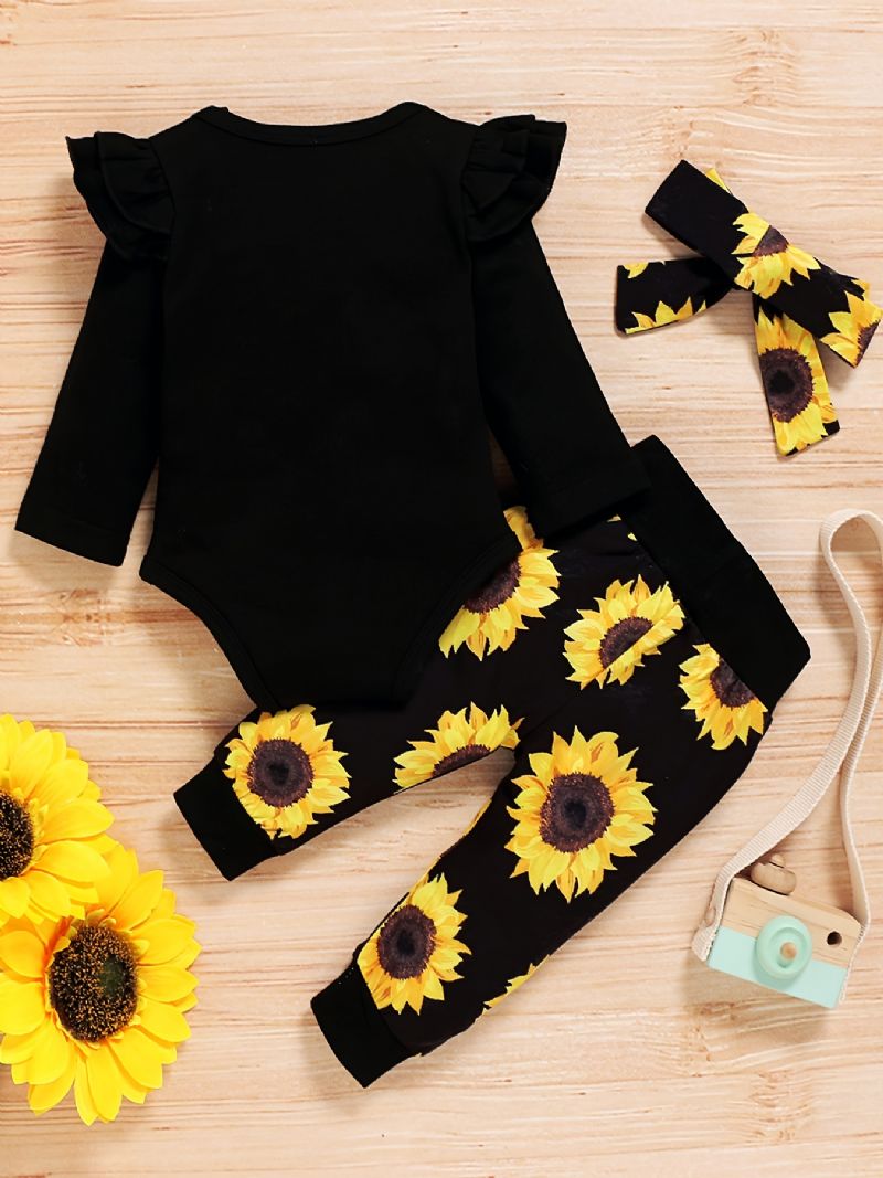 Flickor Alfabetstryck Enfärgad Långärmad Romper Body + Sunflower Print Byxset Barnkläder