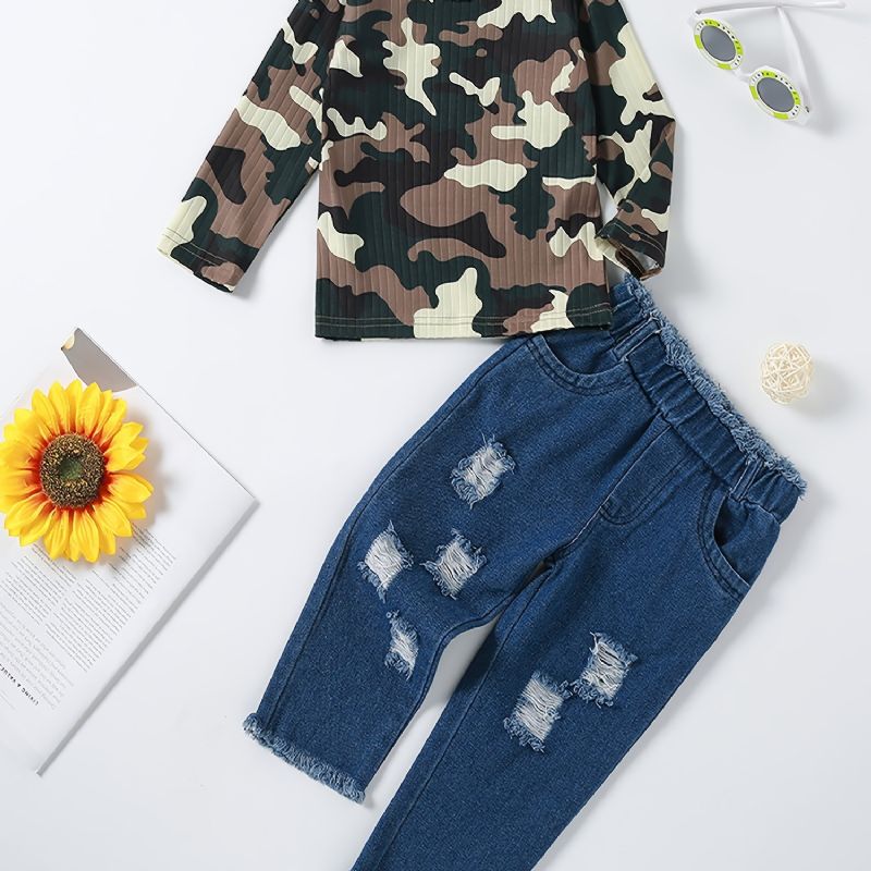 Flickor Camo Sleeve Top + Ripped Raw Hem Jeans Set Barnkläder