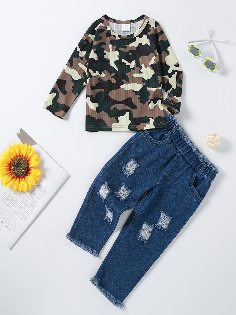 Flickor Camo Sleeve Top + Ripped Raw Hem Jeans Set Barnkläder