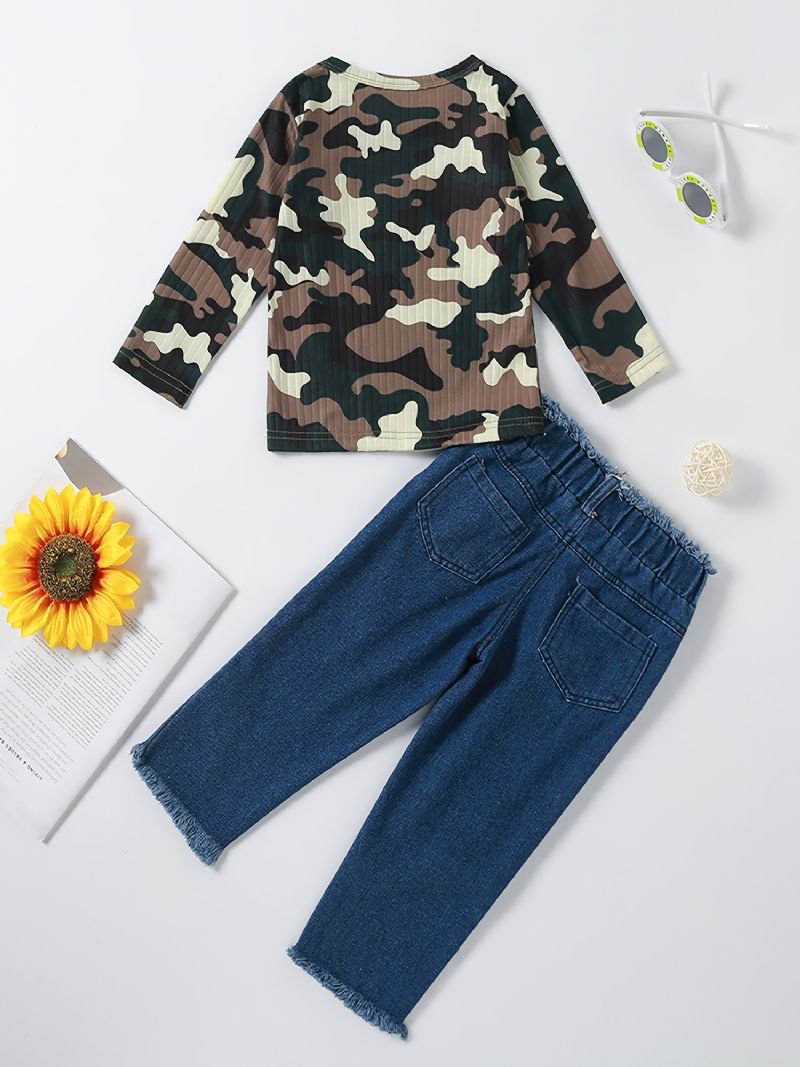 Flickor Camo Sleeve Top + Ripped Raw Hem Jeans Set Barnkläder