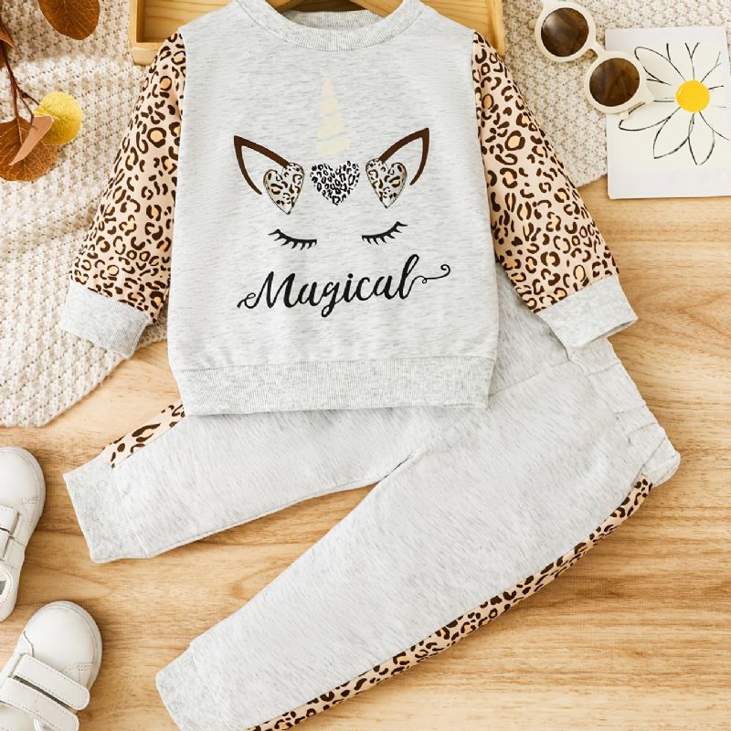 Flickor Casual Leopard Unicorn Print Set Med Color Block Pullover Sweatshirt & Sweatpants