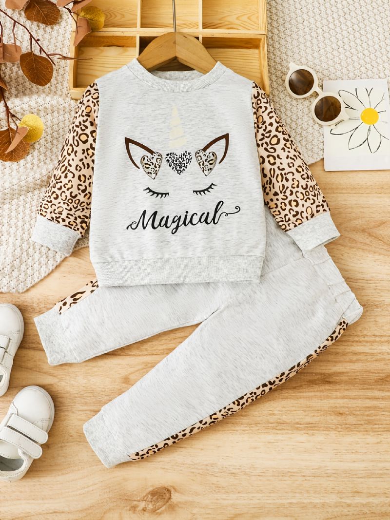 Flickor Casual Leopard Unicorn Print Set Med Color Block Pullover Sweatshirt & Sweatpants