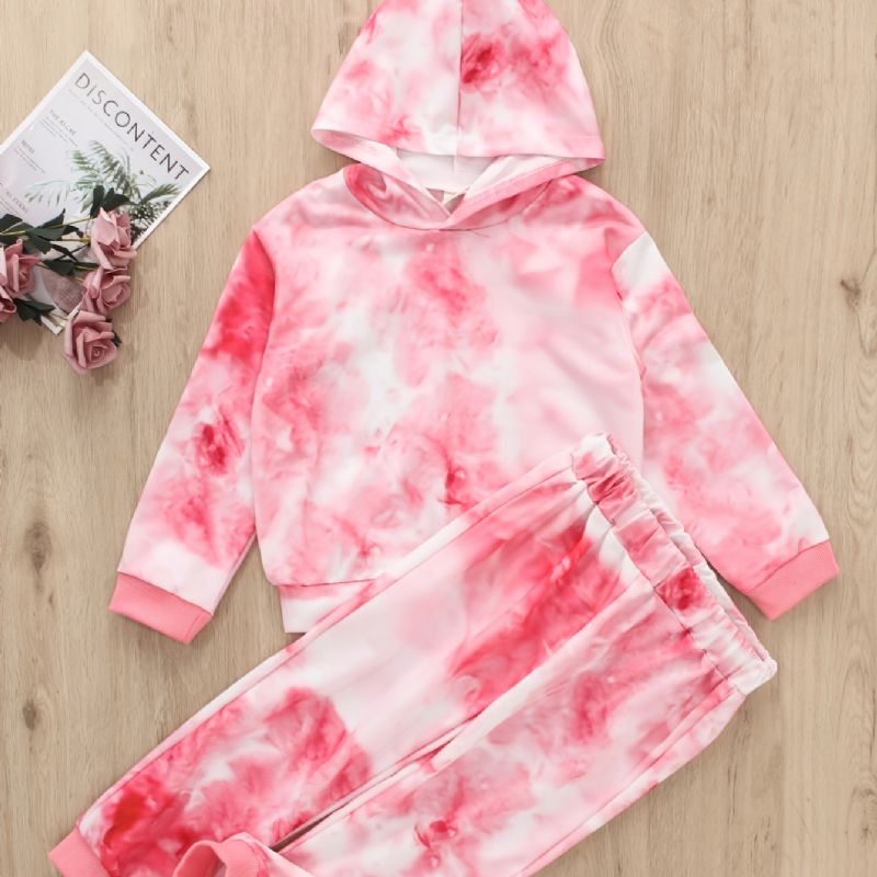 Flickor Casual Rosa Tie Dye Print Långärmad Hoodie Byx Set Höst Vinter