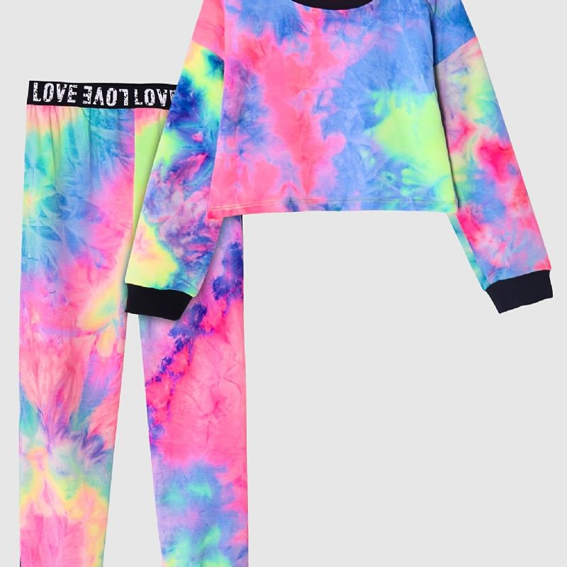 Flickor Casual Tie Dye Print Set Med Långärmad Kort Tröja Sweatshirt & Sweatpants Set