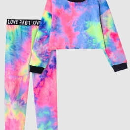 Flickor Casual Tie Dye Print Set Med Långärmad Kort Tröja Sweatshirt & Sweatpants Set