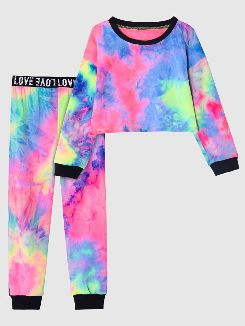 Flickor Casual Tie Dye Print Set Med Långärmad Kort Tröja Sweatshirt & Sweatpants Set