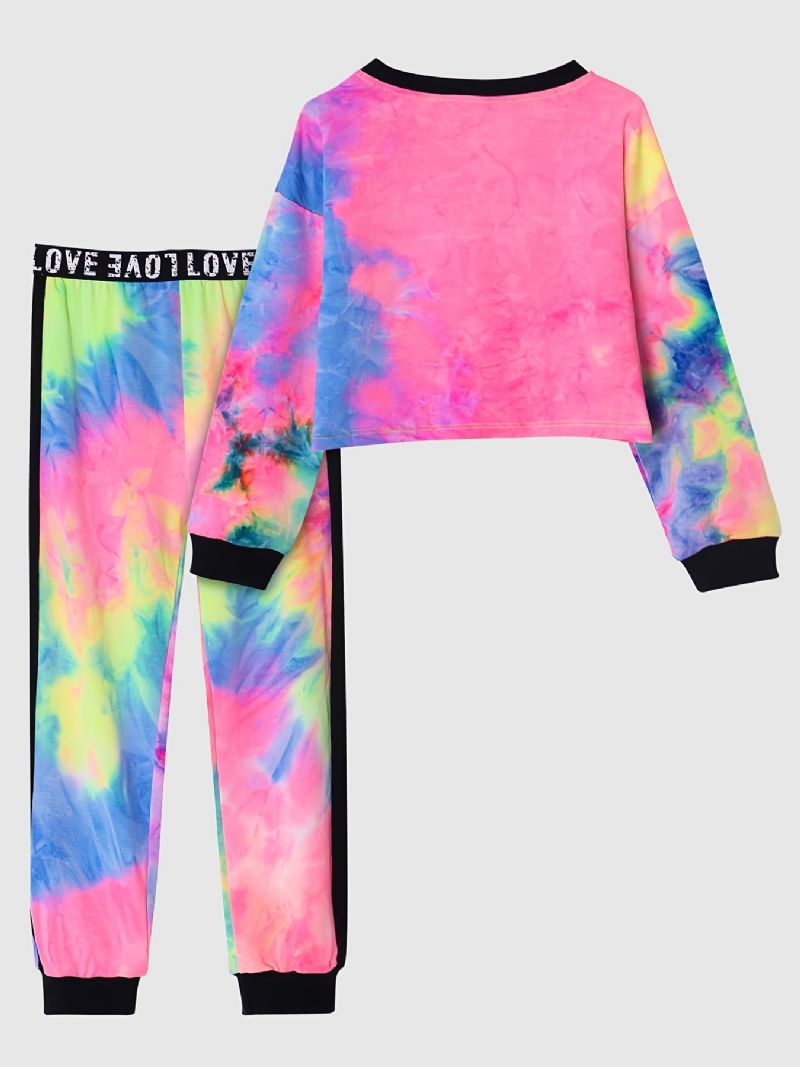 Flickor Casual Tie Dye Print Set Med Långärmad Kort Tröja Sweatshirt & Sweatpants Set