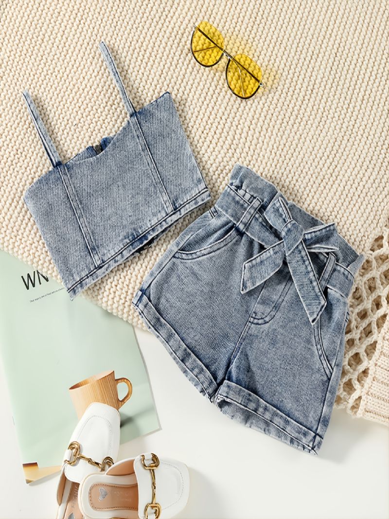 Flickor Denim Zip Suspender Cropped Top & Shorts & Bälte 3-delad Set