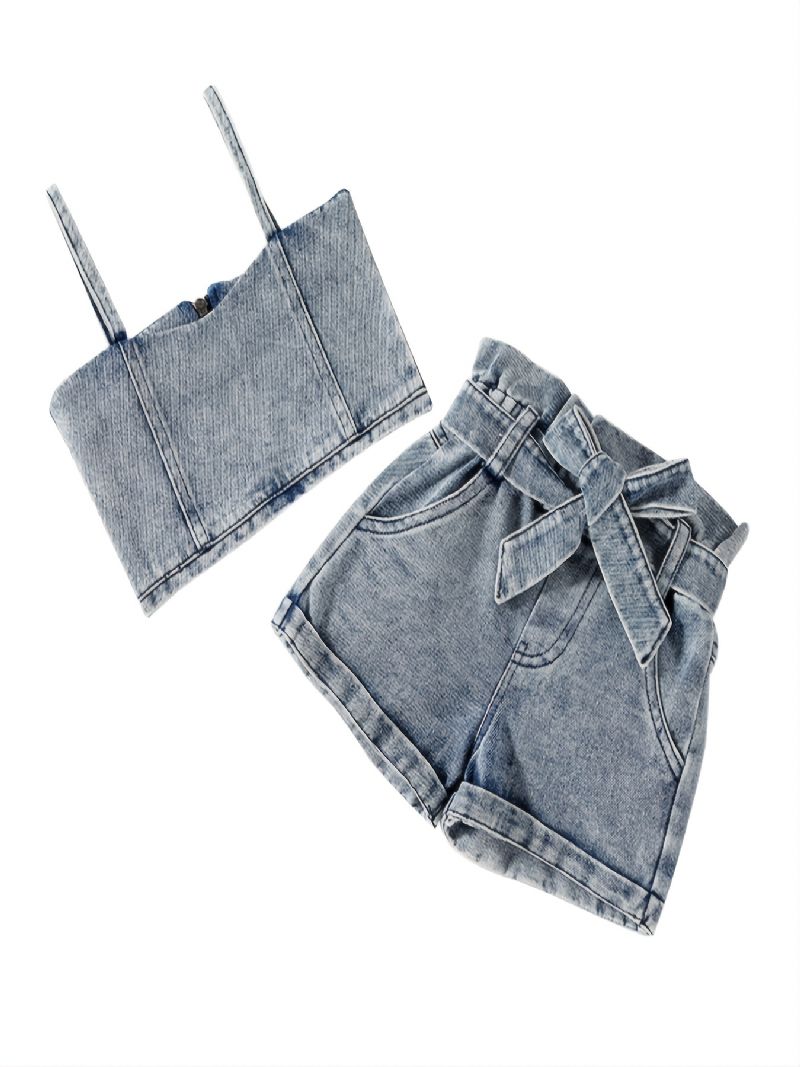 Flickor Denim Zip Suspender Cropped Top & Shorts & Bälte 3-delad Set