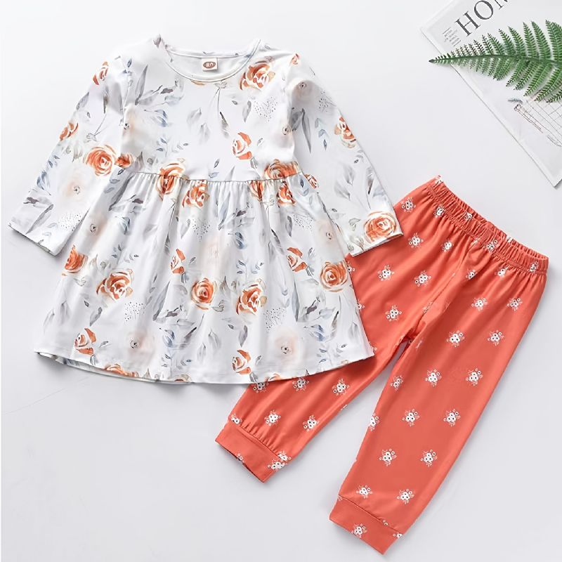 Flickor Elegant Söt Ditsy Print Set Med Blommig Topp & Byxor