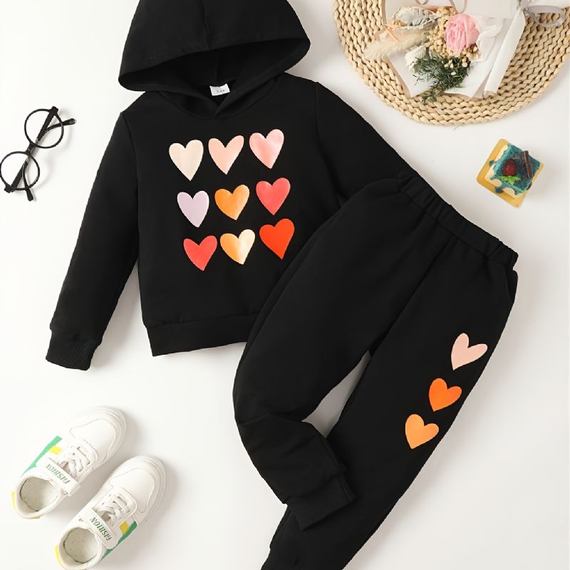 Flickor Heart Print Långärmad Hood Sweater Pants Set