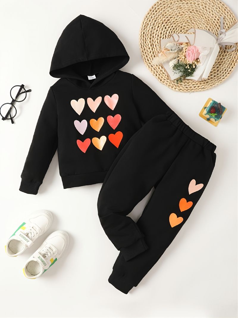 Flickor Heart Print Långärmad Hood Sweater Pants Set