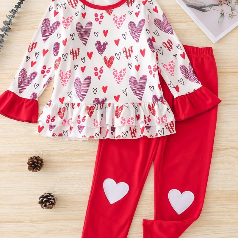 Flickor Heart Print Långärmad Top Pants Set