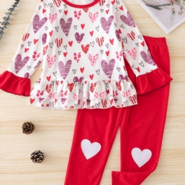 Flickor Heart Print Långärmad Top Pants Set