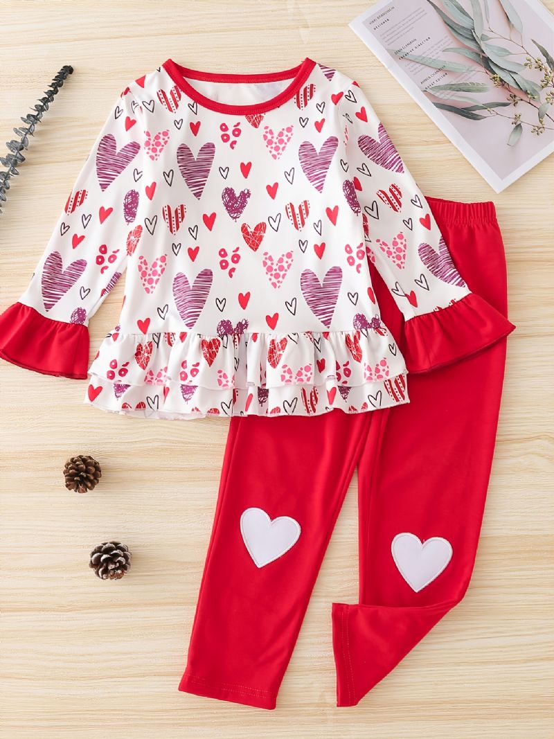 Flickor Heart Print Långärmad Top Pants Set