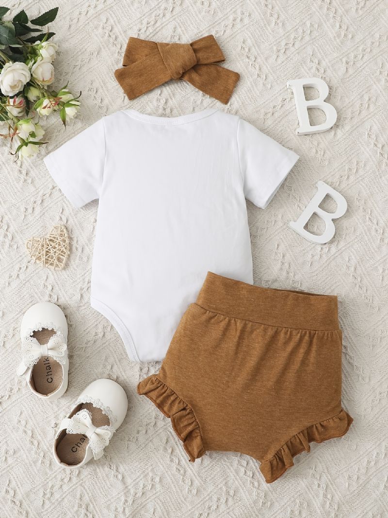 Flickor Kortärmad Romper Jumpsuit + Ruffle Shorts + Pannband Set Bebiskläder