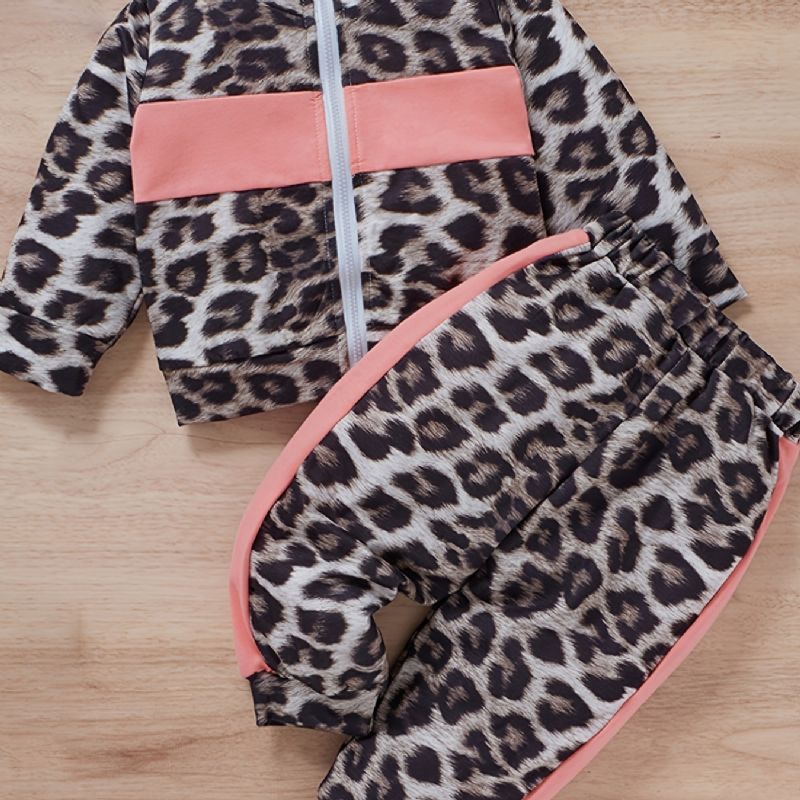 Flickor Leopard Print Color Block Dragkedja Sweatshirt + Byxa Set Bebiskläder