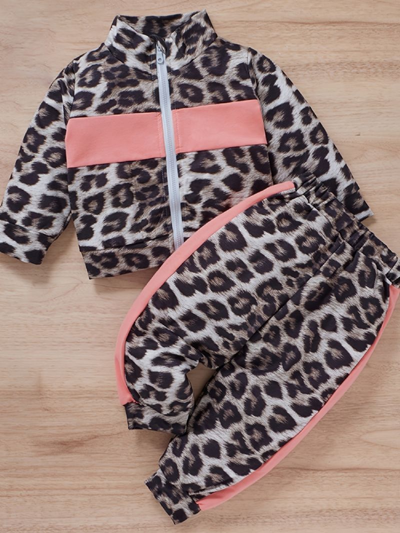 Flickor Leopard Print Color Block Dragkedja Sweatshirt + Byxa Set Bebiskläder