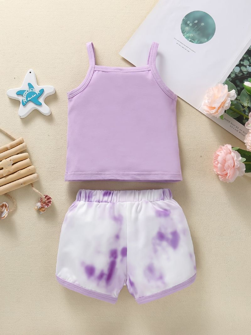 Flickor Lila Linne + Tie Dye Shorts Set Bebiskläder För Sommaren