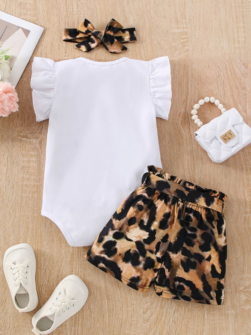 Flickor Med Volang Axel Ärmlös Bodysuit + Leopardmönstrade Shorts Med Bälte + Pannband Set Bebiskläder