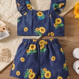 Flickor Mode Blommönster Denim Top Shorts Set