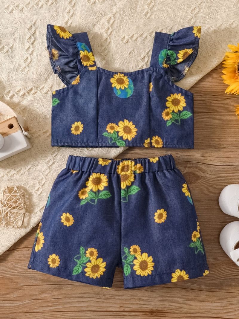 Flickor Mode Blommönster Denim Top Shorts Set