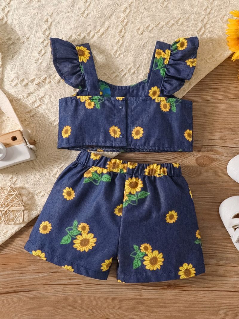 Flickor Mode Blommönster Denim Top Shorts Set