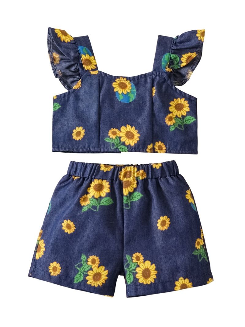 Flickor Mode Blommönster Denim Top Shorts Set