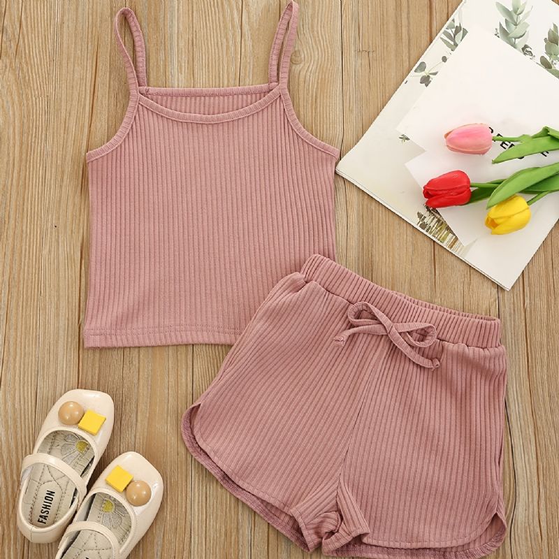 Flickor Ribbed Strap Top + Bowknot Shorts Set Barnkläder För Sommaren