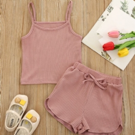 Flickor Ribbed Strap Top + Bowknot Shorts Set Barnkläder För Sommaren