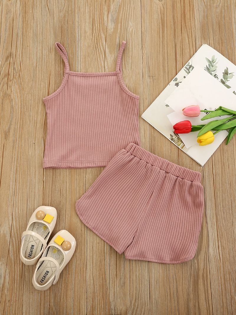 Flickor Ribbed Strap Top + Bowknot Shorts Set Barnkläder För Sommaren